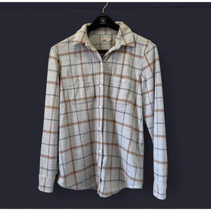 Women's Faherty Casual Button Down Shirt S Beige Brown Plaid